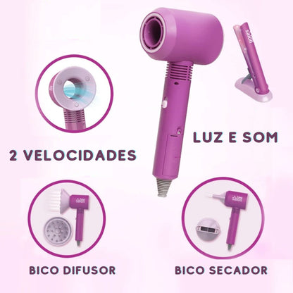 secador rosa mostrando bico secador e bico difusor com duas velocidades, luz e som.