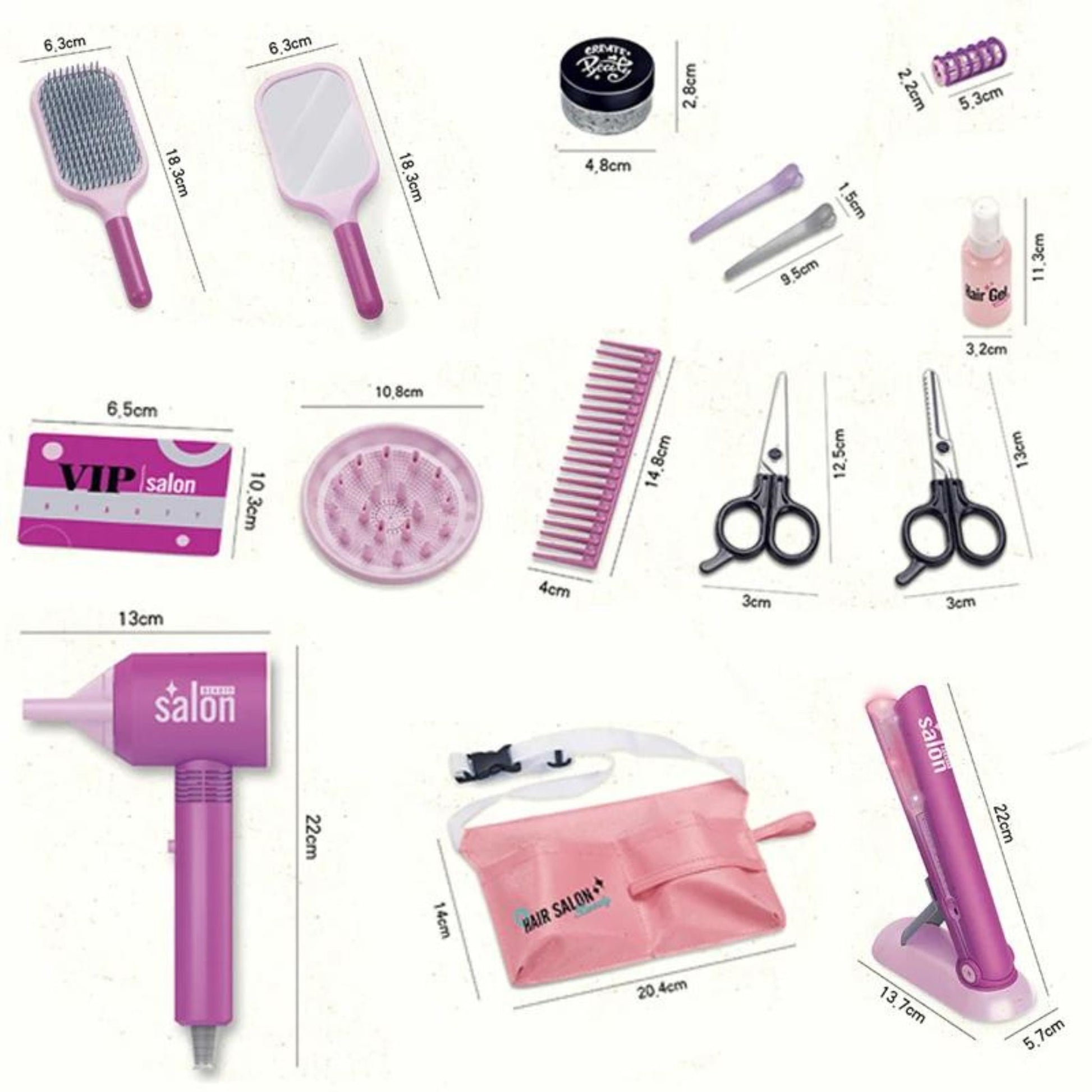 escova, espelho, secador, chapinha, tsouras, pentes, bolsa e acessórios com suas medidas.