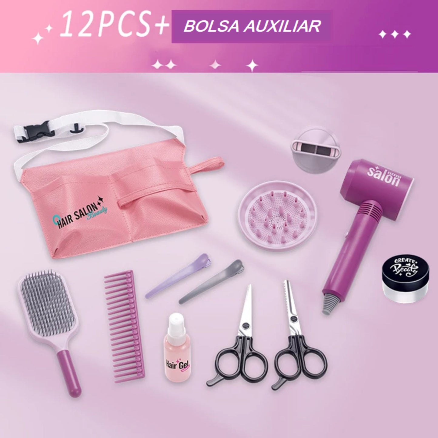 kit 12 peças + Bolsa Auxiliar: secador, bico difusor, bico secador, pente, gel de cabelo, duas tesouras, duas presilhas, escova, pasta modeladora.