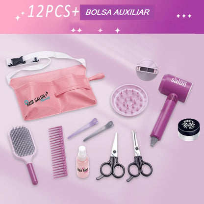 kit 12 peças + Bolsa Auxiliar: secador, bico difusor, bico secador, pente, gel de cabelo, duas tesouras, duas presilhas, escova, pasta modeladora.