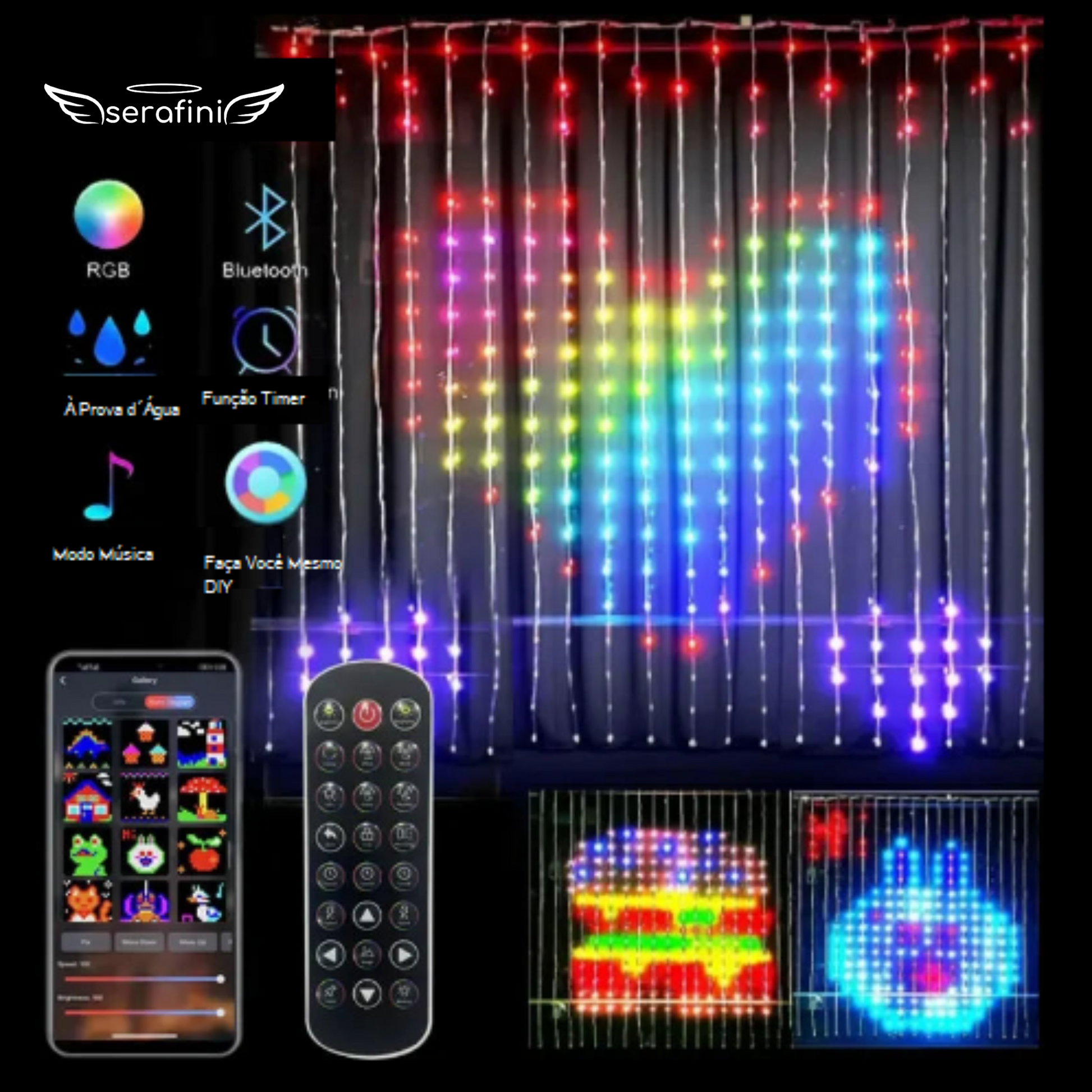 Imagem da cortina de Luzes LED, controle remoto, tela do aplicativo do celular e lista dos principais recursos: RGB, Bluetooth, À prova d'Água, Função Timer, Modo Música e Faça Você Mesmo (DIY)
