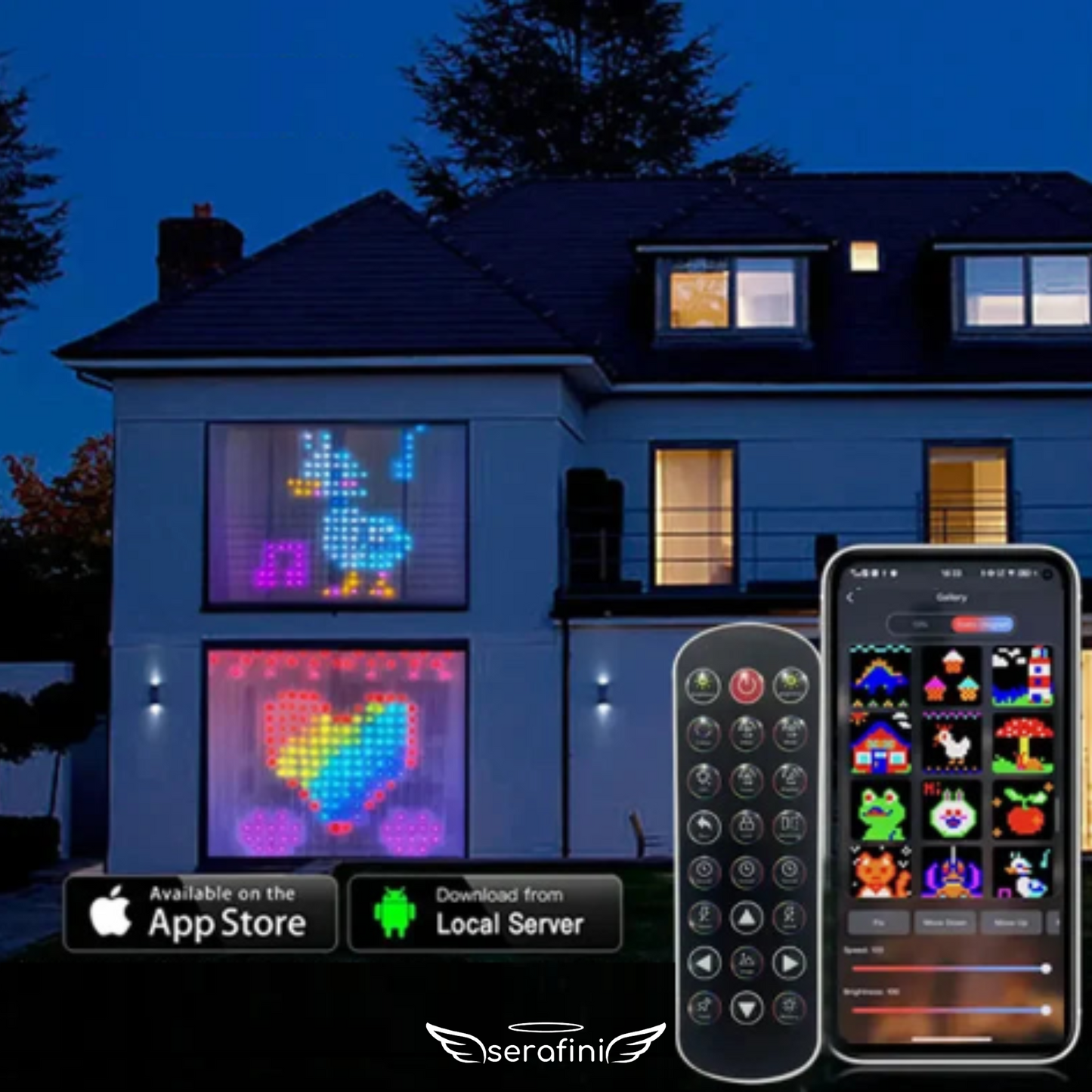 Fachada de um imóvel com cortina inteligente de led iluminando duas janelas. Imagem do controle remoto e aplicativo do celular.