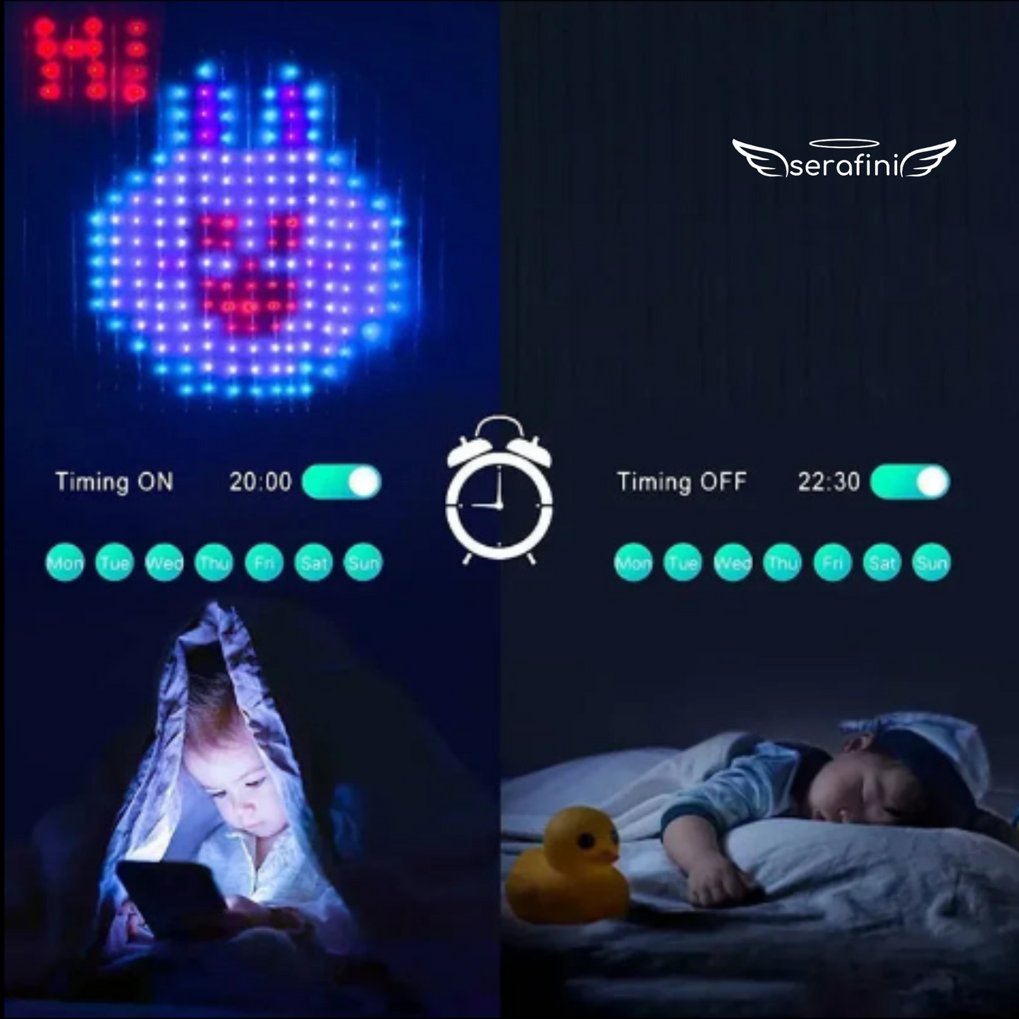 Imagem de um bebê assistindo algo em um tablet na cama à noite com a cortina inteligente de LEDs ligada  e depois dormindo, com a cortina desligada, destacando a função Timer.