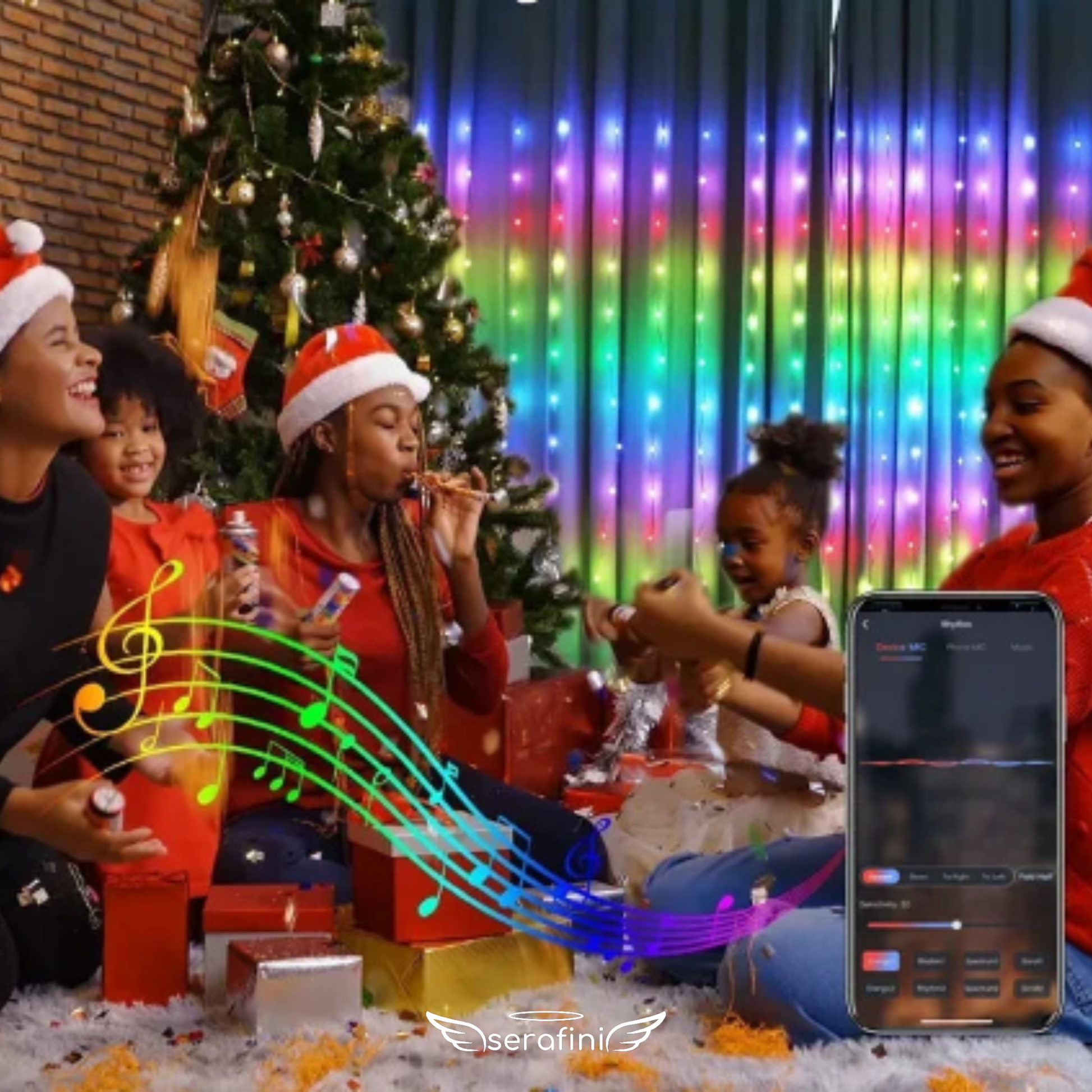 uma familia reunida na sala, em noite de Natal, abrindo os presentes ao redor da árvore e ouvindo músicas com a cortina de LED acesa.