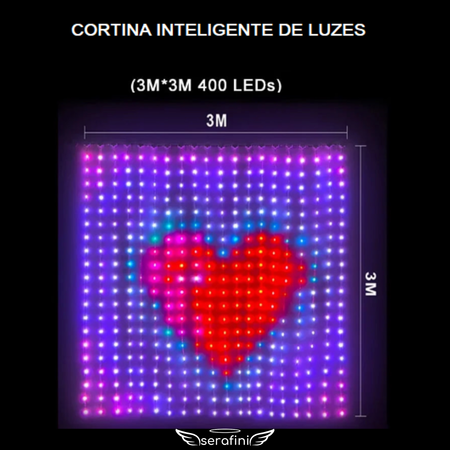Imagem com as medidas da cortina de LED 3m x 3m, mostrando a imagem de um coração.