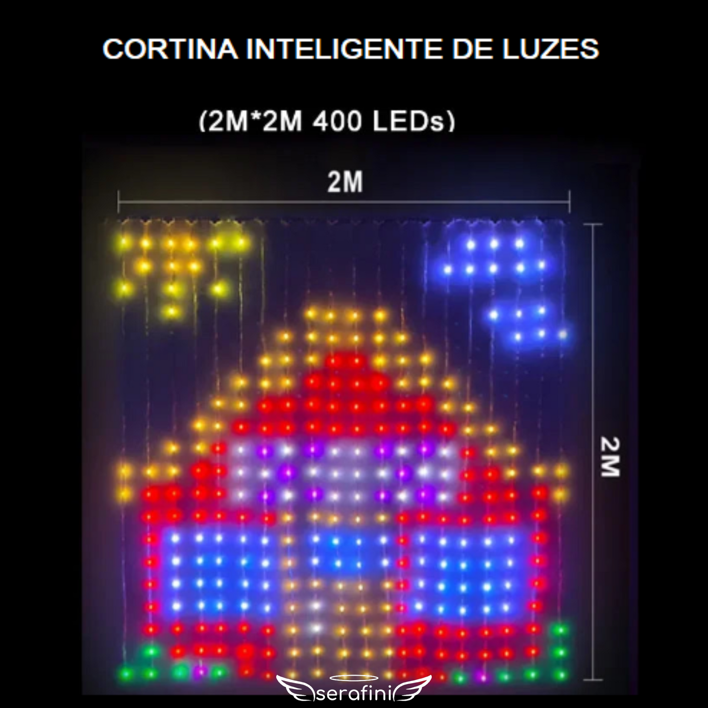 Imagem com as medidas da cortina de LED 2m x 2m, mostrando a imagem de uma casa com sol e nuvens.