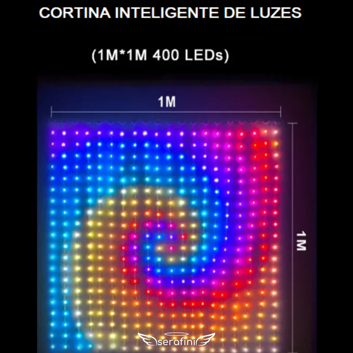 Imagem com as medidas da cortina de LED 1m x 1m, mostrando a imagem de um espiral colorido.