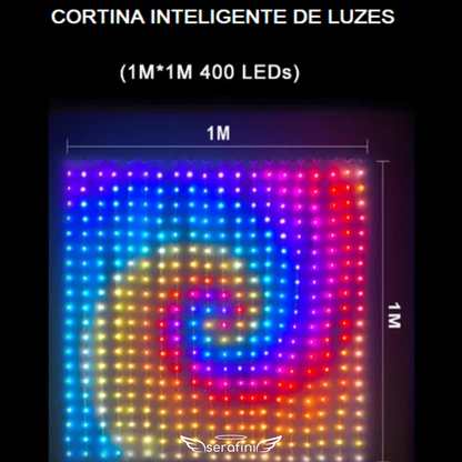 Imagem com as medidas da cortina de LED 1m x 1m, mostrando a imagem de um espiral colorido.