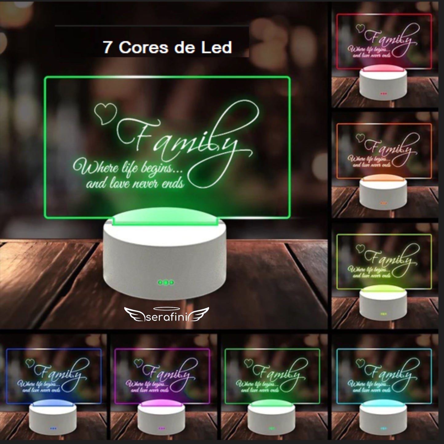 Foto da lousa criativa Serafini Led com o display aceso, mostrando todas as 7 cores de LED disponíveis.