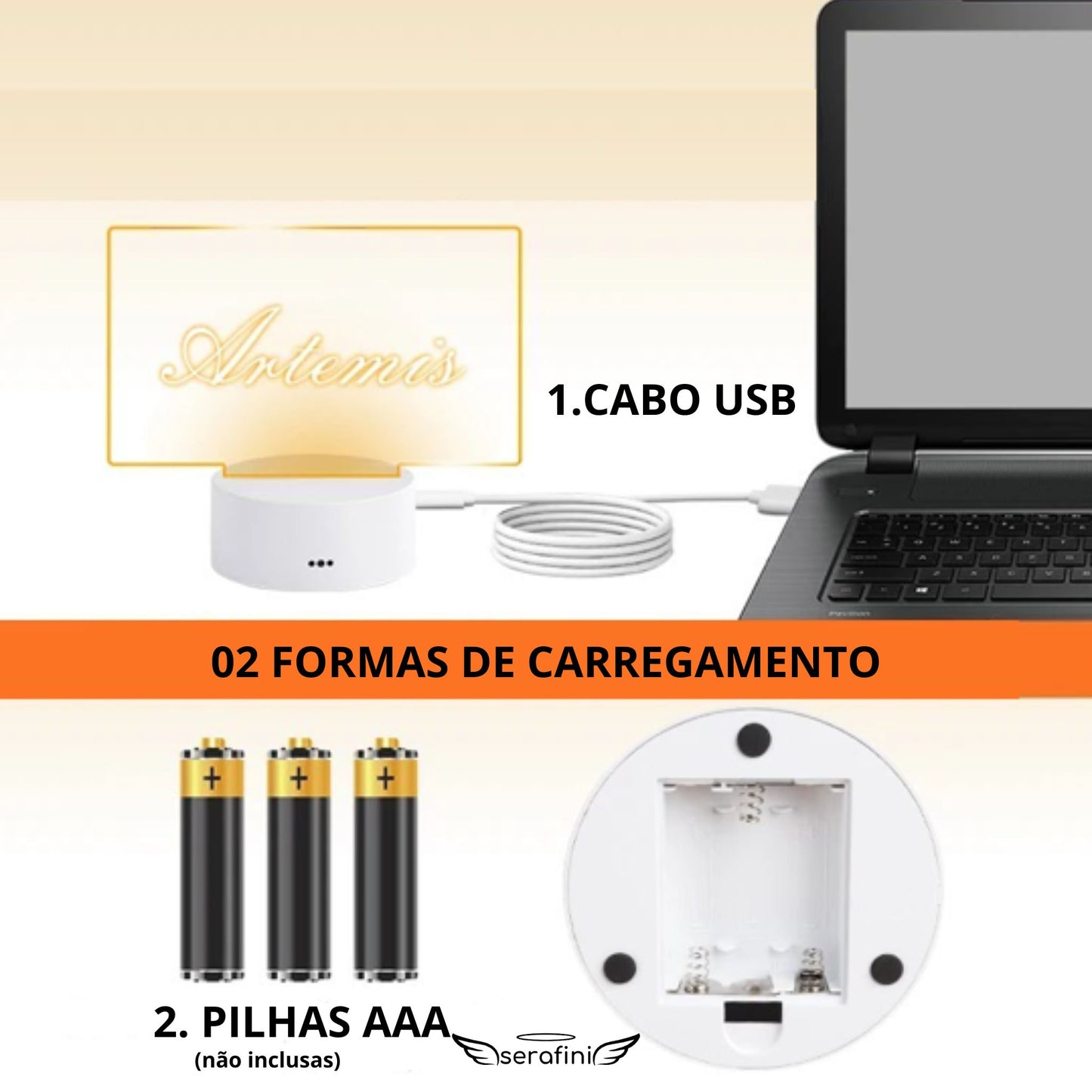Imagem mostrando as duas formas de carregamento disponíveis: através de Cabo USB ou com Pilhas AAA, não inclusas.