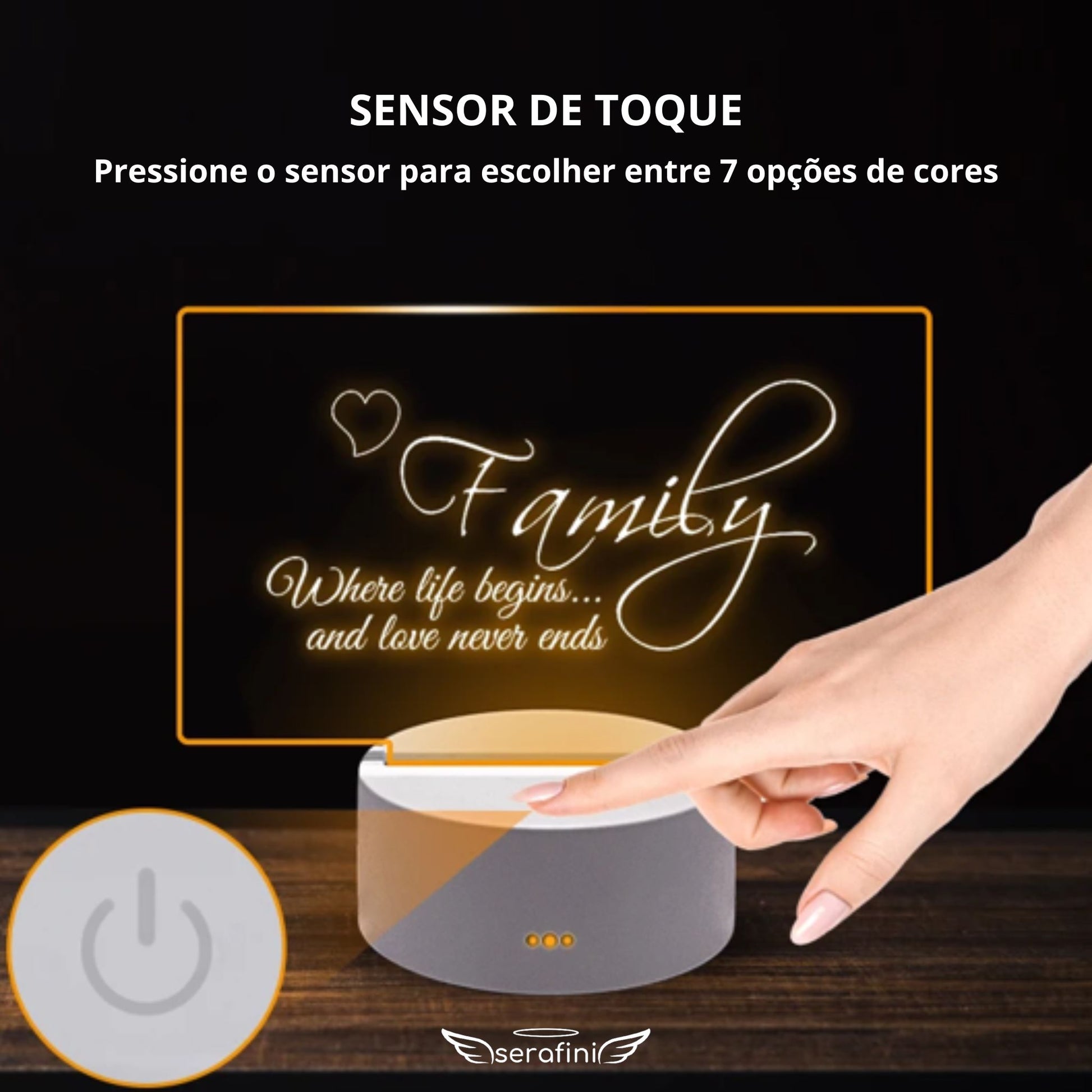 Imagem de uma mão tocando o sensor de toque localizado na base da lousa criativa, com o título "Sensor de Toque - Pressione o sensor para escolher entre 7 opções de cores"