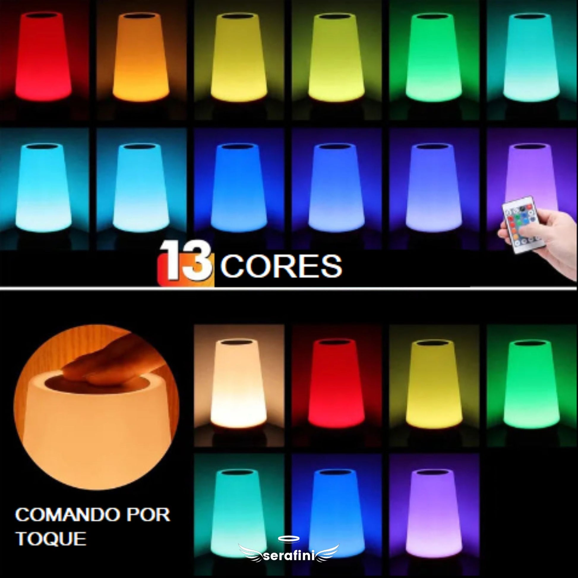 Todas as opções de cores da luz disponíveis e uma informação: 13 cores - Comando por toque.