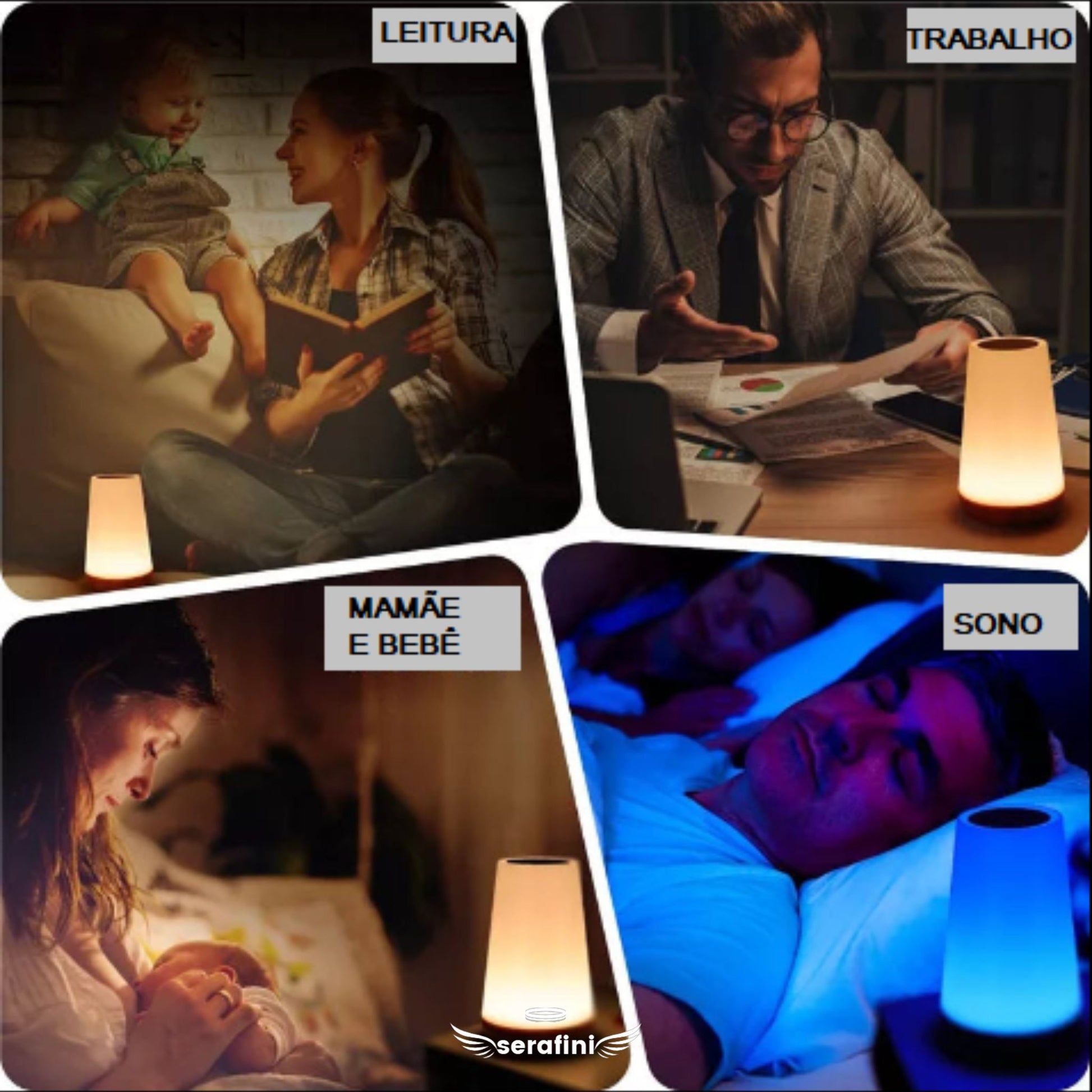 Montagem com 4 fotos em vários momentos de uso da luminária: a mãe lendo para o bebê; um homem trabalhando; uma mãe amamentando seu bebê e um casal dormindo.